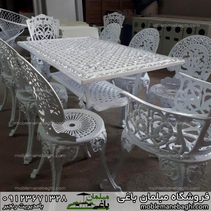 میز و صندلی طاووسی مبلمان باغی طاووسی هشت نفره با میز مستطیلی