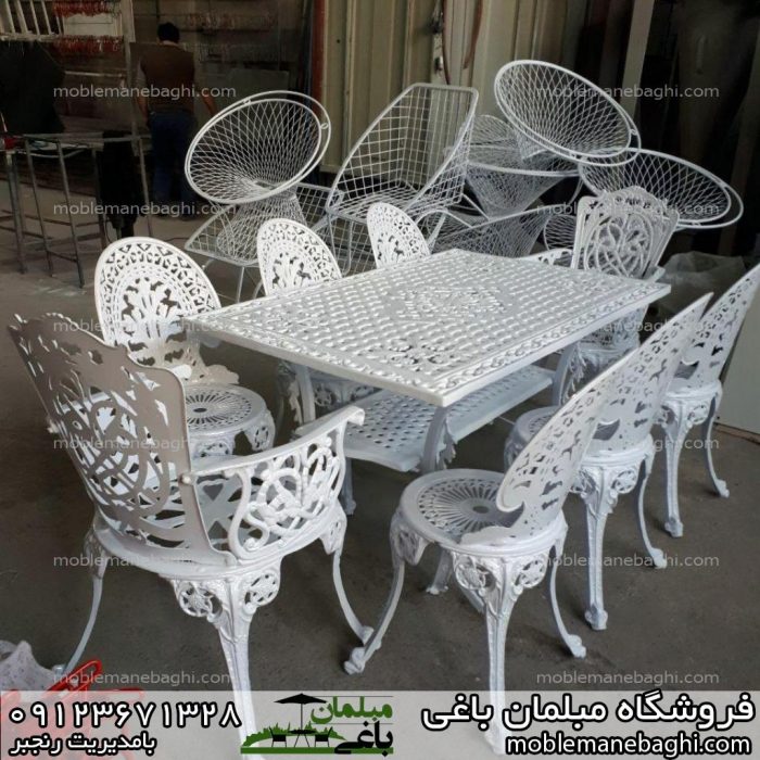 میز و صندلی طاووسی مبلمان باغی طاووسی هشت نفره با میز مستطیلی سفید