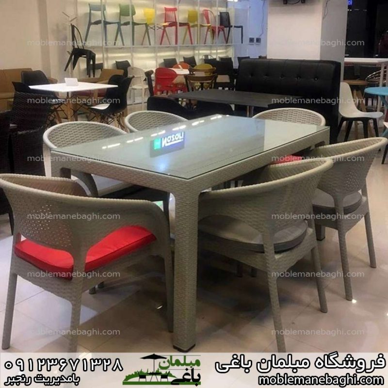 صندلی رستورانی حصیری ناصر پلاستیک کد 992 به همراه میز شش نفره تمام حصیری کد 323