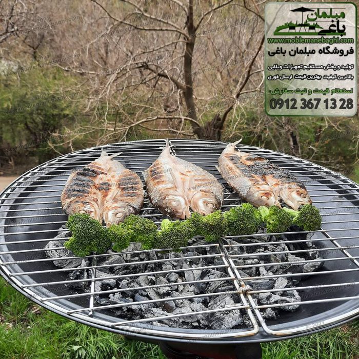 نمایی نزدیکی از باربیکیو ذغالی و سفری مدل پارمیس در در آن سه عدد ماهی به همراه کلم بروکلی برروی گریل در حال پخت است و داخل منقل آن ذغال سرخ شده است