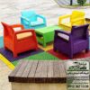 نمایی از مرکز پخش صندلی حصیری و مبلمان حصیری مدل مبل حصیری پلیمری در رنگ‌بندی متنوع صندلی حصیری واقع در تصویر شامل چهار مبل حصیری پلیمری رنگ بنفش قرمز زرد و آبی به همراه جلومبلی حصیری پلیمری