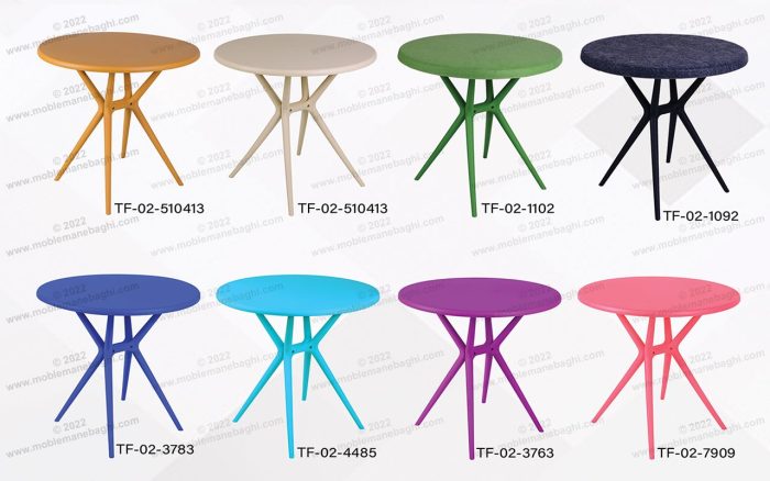 رنگ بندی متنوع میز پلیمری گرد تیکا مدل tf-02 با رنگ‌های شاد مناسب رستوران و فست فود و ویلا