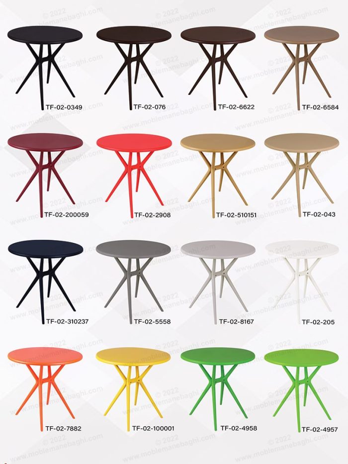 رنگ بندی متنوع میز پلیمری گرد تیکا مدل tf-02 مناسب باغ و ویلا و رستوران