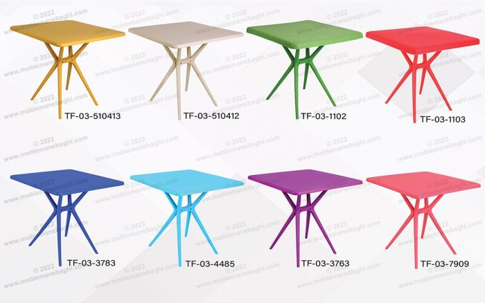 رنگ بندی متنوع میز پلیمری مربع تیکا مدل tf-03 مناسب باغ و ویلا و رستوران