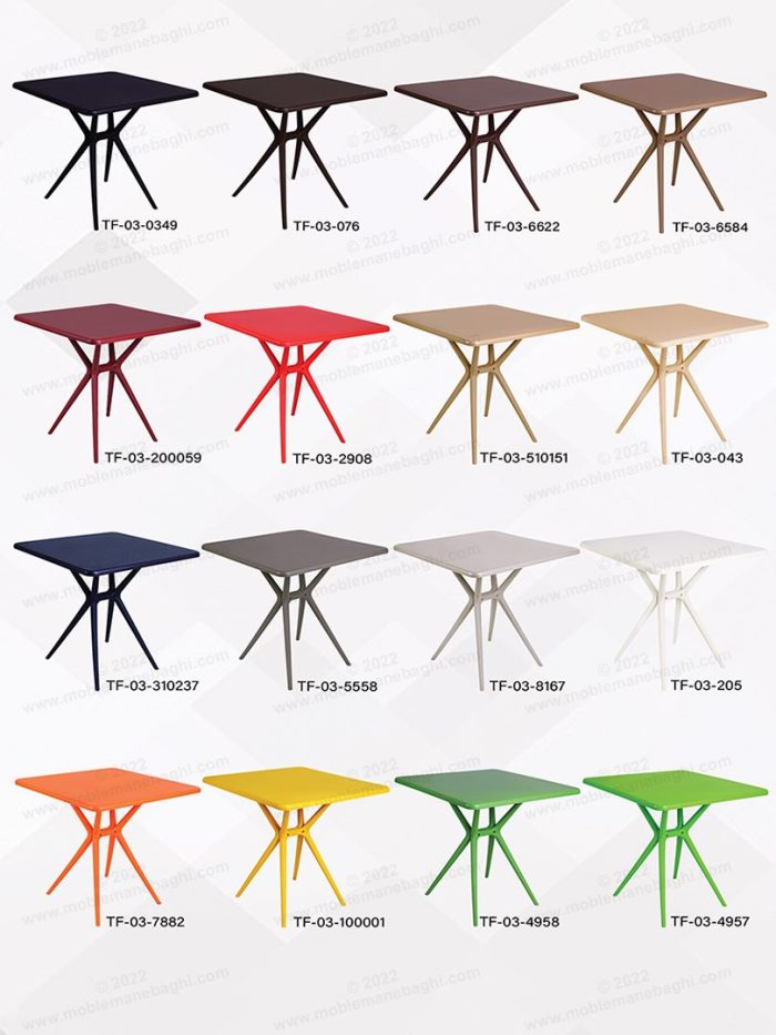 رنگ بندی متنوع میز پلیمری مربع تیکا مدل tf-03 مناسب باغ و ویلا و رستوران