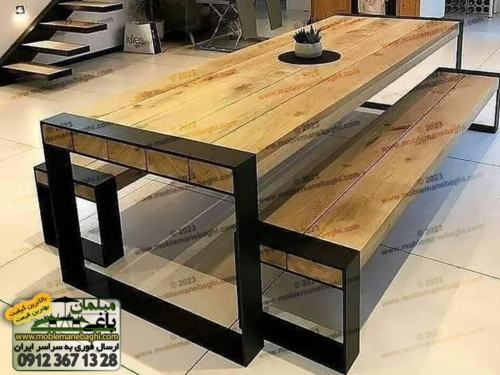 میز و نیمکت چوبی فلزی مناسب محوطه فضای باز. نیمکت چوبی با اسکلت فلزی آهن. ساخته شده از چوب روس